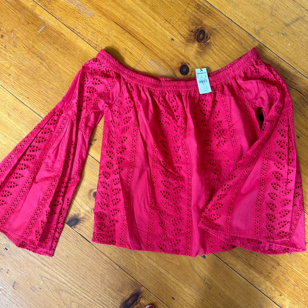 Express Pink off-shoulder bell sleeved eyelet top